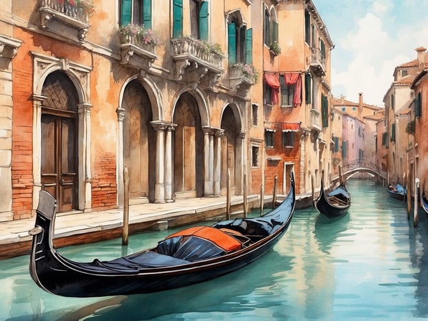 Auf dem Bild sind typische venezianische Kanäle und Gondeln zu sehen, umgeben von historischen Gebäuden. Venedig, gegründet im 5. Jahrhundert, wurde von Flüchtlingen gegründet, die vor den Invasionen barbarischer Stämme flohen. Im Laufe der Jahrhunderte entwickelte sich die Stadt zu einem wichtigen Handelszentrum mit einem einzigartigen Netzwerk aus Kanälen und einer besonderen Architektur, die stark von der maritimen Umgebung geprägt ist.Die Gondeln sind nicht nur Fortbewegungsmittel, sondern auch ein Symbol der venezianischen Kultur und Tradition. Venedig war historisch gesehen ein bedeutender Handelsplatz zwischen Europa und dem Osten, was sich in der Vielfalt der Bauwerke und dem kulturellen Erbe der Stadt widerspiegelt. Die beschauliche Atmosphäre der Kanäle und die charmanten Gebäude erinnern an die glorreiche Vergangenheit dieser einzigartigen Stadt.