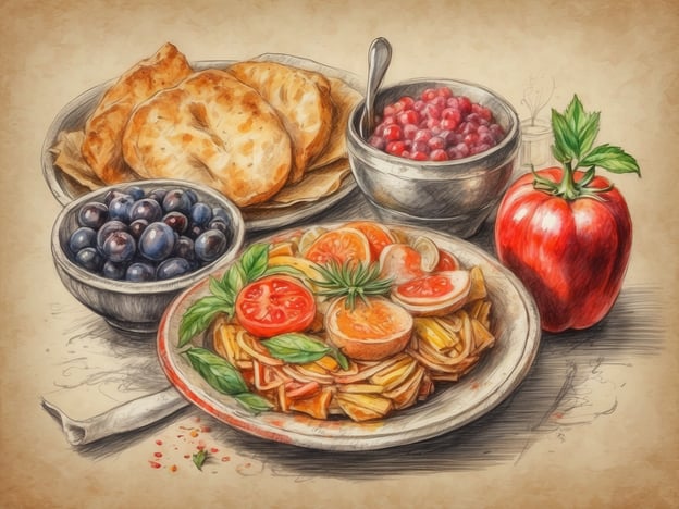 Auf dem Bild sind verschiedene kulinarische Highlights zu sehen, die typisch für viele Regionen sind. Es gibt eine bunte Auswahl an frischem Gemüse, darunter Tomaten und eine Vielzahl von Kräutern wie Basilikum, die oft in mediterranen Gerichten verwendet werden. Die Pasta oder Nudelgerichte, die auf dem Teller serviert werden, können an die italienische Küche erinnern.
Zusätzlich sind einige Beilagen vorhanden, wie z. B. Brot, das möglicherweise hausgemacht ist und ideal zu den anderen Speisen passt. Die Schalen mit Blaubeeren und Preiselbeeren bringen eine frische, süße Note ins Spiel und sind typische Früchte, die in vielen europäischen Regionen zu finden sind. Insgesamt scheint das Bild eine harmonische Kombination aus herzhaften und süßen Köstlichkeiten der Region darzustellen.