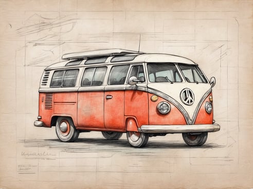 Ein orangefarbener VW-Bus mit weißem Dach steht auf einem strukturierten, beigen Hintergrund. Das Fahrzeug hat ein klassisches Design und ist mit einem Peace-Symbol auf dem Kühlergrill verziert. Die Fenster sind groß und bieten viel Licht, während die Reifen runde Konturen aufweisen. Das Bild vermittelt ein nostalgisches Gefühl und erinnert an Reisen und Abenteuer.