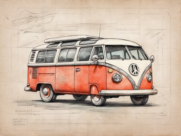 Ein orangefarbener VW-Bus mit weißem Dach steht auf einem strukturierten, beigen Hintergrund. Das Fahrzeug hat ein klassisches Design und ist mit einem Peace-Symbol auf dem Kühlergrill verziert. Die Fenster sind groß und bieten viel Licht, während die Reifen runde Konturen aufweisen. Das Bild vermittelt ein nostalgisches Gefühl und erinnert an Reisen und Abenteuer.