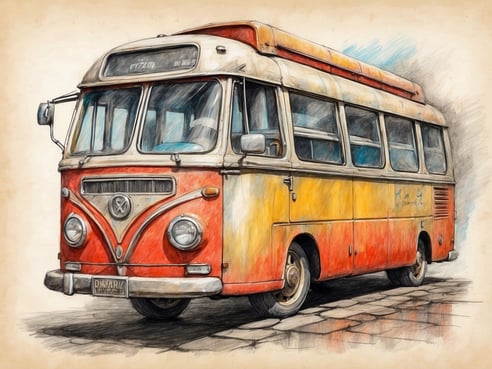 Ein orange- und gelbfärbiger Vintage-Bus steht auf einem gepflasterten Boden. Der Bus hat große, runde Scheinwerfer und Fenster mit mehreren kleinen Panzerungen. Die Karosserie zeigt Gebrauchsspuren und eine leicht verblasste Farbe, was auf sein Alter hinweist. An der Front des Busses ist ein Fahrzeugschild, das den Schriftzug "Rizzen" trägt. Die Aufnahme strahlt einen nostalgischen Charme aus und erinnert an frühere Reisezeiten. Eine Reiserücktrittsversicherung kann für diesen Bus und die darin möglichen Reisen auch bei plötzlichen Krankheiten von Bedeutung sein.