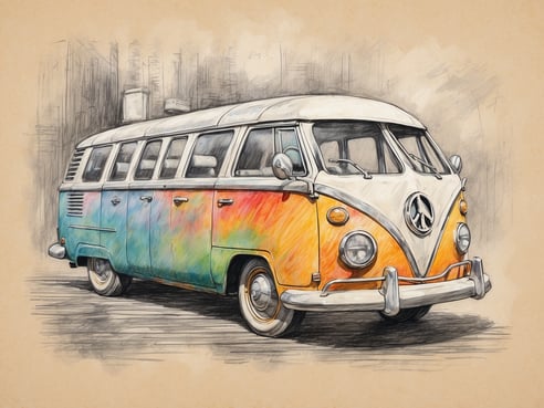 Ein bunt gestalteter Volkswagen Bus steht im Mittelpunkt der Illustration. Der Bus zeigt ein fröhliches Farbmuster in verschiedenen Farbtönen, darunter Orange, Blau und Gelb. Die typische Form des Fahrzeugs, mit runden Scheinwerfern und einer markanten Frontpartie, wird deutlich dargestellt. Der Hintergrund zeigt skizzierte Linien, die eine unscharfe Umgebung andeuten, wodurch der Fokus auf dem bunten Bus bleibt. Die gesamte Darstellung hat einen handgezeichneten Charakter auf einem beige-hintergrund.