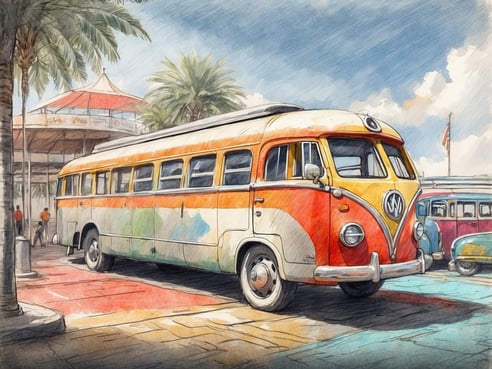 Ein farbenfroher VW-Bus steht auf einem gepflasterten Platz, umgeben von Palmen und einer strukturierten Umgebung, die einen Sommer- oder Urlaubsort darstellt. Der Bus hat eine orangefarbene und cremefarbene Lackierung mit abgerundeten Kanten, und es sind mehrere Menschen im Hintergrund zu sehen, die in die Richtung des Busses gehen. Am Gebäude im Hintergrund ist ein Pavillon oder eine überdachte Struktur sichtbar, die dem Bild eine einladende Atmosphäre verleiht.