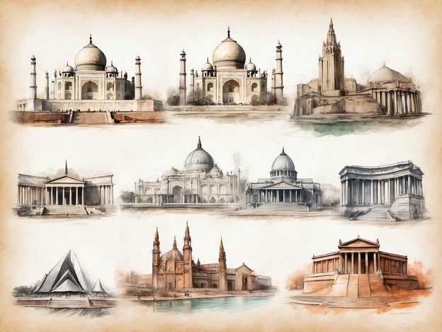 Auf dem Bild sind verschiedene berühmte Wahrzeichen und Sehenswürdigkeiten abgebildet. Oben links befindet sich das Taj Mahal in Indien, ein ikonisches Grabmal. Daneben ist die Sagrada Família aus Barcelona, Spanien, zu sehen, bekannt für ihre beeindruckende Architektur.In der Mitte ist der Petersdom aus Rom, Italien, abgebildet, ein wichtiger Wallfahrtsort für Katholiken. Rechts daneben könnte ein anderes bedeutendes Gebäude aus der gleichen Region dargestellt sein.In der unteren Reihe sind verschiedene weitere Bauwerke dargestellt, darunter möglicherweise das Parthenon aus Griechenland sowie andere historische Monumente, die verschiedene architektonische Stile repräsentieren. Diese Bilder zeigen die Vielfalt und Schönheit der weltweiten Architekturgeschichte.