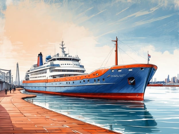Auf dem Bild ist ein großes, farbenfrohes Schiff zu sehen, das im Hafen vor Anker liegt. Es hat einen weißen, blauen und orangefarbenen Anstrich und ist an einem Ufer angedockt, wo sich auch einige Personen auf einem Gehweg befinden. Im Hintergrund sind einige moderne Gebäude zu erkennen, und der Himmel ist leicht bewölkt.**Fazit:** Das Bild vermittelt eine maritime Atmosphäre und zeigt ein Schiff, das vermutlich Passagiere oder Fracht transportiert. Die Kombination von Farben und der lebendige Hafen schaffen ein einladendes Bild.**Ausblick:** Solche Hafenansichten laden dazu ein, über die Bedeutung der Schifffahrt für den Handel und den Tourismus nachzudenken. Zukünftige Entwicklungen in der Schifffahrt könnten noch vielfältigere und nachhaltigere Möglichkeiten des Reisens und Transports bieten.