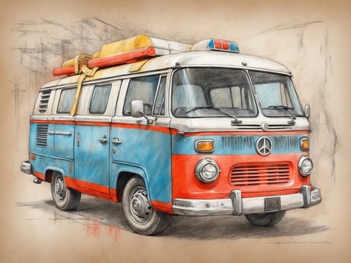 Ein historischer Krankenrücktransportwagen in orange und blau ist abgebildet. Der Wagen hat eine charakteristische Form mit einer markanten Front, die das Mercedes-Benz-Logo zeigt. Auf dem Dach sind zwei rote und blaue Lichter montiert, die für den Einsatz im Rettungsdienst typisch sind. Zudem liegt eine rote Plane auf dem Dach, die auf den Transport von Ausrüstung hinweist. Der Hintergrund ist skizzenhaft dargestellt und unterstreicht den Fokus auf das Fahrzeug. Krankenrücktransport: Sicherheit für deine Gesundheit, egal wo du bist.