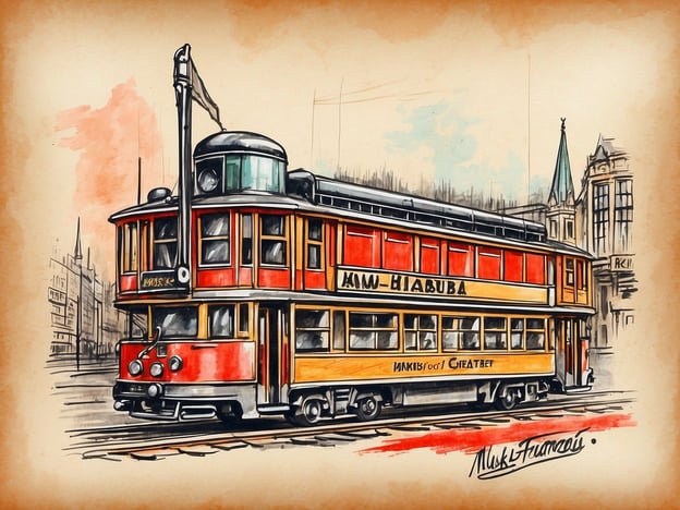 Auf dem Bild ist eine stilisierte Zeichnung einer Straßenbahn zu sehen, die in leuchtenden Farben gehalten ist. Die Straßenbahn hat eine charakteristische Form und ist mit dem Namen "КИМ-ХАБИБА" (Kim-Khabiba) beschriftet. Im Hintergrund sind Gebäude zu erkennen, die möglicherweise ein historisches Stadtbild darstellen.Im Kontext des KomponistenQuartiers könnte man sich vorstellen, dass solch eine Straßenbahn in der Vergangenheit die Bewohner und Besucher zu den lebhaften Musikevents und kulturellen Veranstaltungen des Viertels transportierte. Straßenbahnen haben oft eine wichtige Rolle im städtischen Leben gespielt und könnten einige der großen Komponisten, die dort lebten und arbeiteten, inspiriert haben, während sie durch die Straßen ihrer Stadt fuhren.