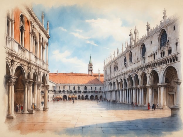 Auf dem Bild ist der prächtige Markusplatz mit dem Dogenpalast zu sehen. Die Architektur ist geprägt von eleganten Bögen und filigranen Details, umgeben von einem hellen, einladenden Himmel. Der Platz ist belebt mit Menschen, die das Geschehen genießen, und die majestätischen Gebäude strahlen eine geschichtsträchtige Atmosphäre aus.