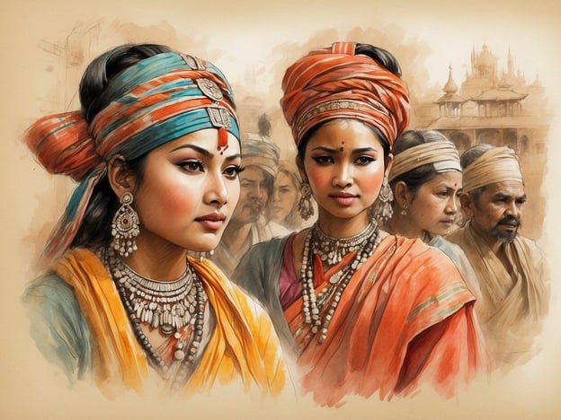 Auf dem Bild sind Frauen und Männer in traditioneller Kleidung zu sehen, die wahrscheinlich aus einer Kultur stammen, die für ihre farbenfrohen und kunstvollen Trachten bekannt ist. Die Frauen tragen aufwendigen Schmuck, der eine wichtige Rolle in vielen Kulturen spielt, um Status und Identität auszudrücken.Faszinierende Traditionen und Bräuche wie Tänze, Feste oder Zeremonien sind oft eng mit derartigen Trachten verbunden. Zum Beispiel könnten diese Outfits Teil einer Feierlichkeit wie einer Hochzeit oder eines religiösen Festes sein, die in vielen Kulturen eine große Bedeutung haben. Die Verwendung lebendiger Farben und die kunstvollen Designs spiegeln oft die kulturelle Identität und das Erbe der Menschen wider, die sie tragen.