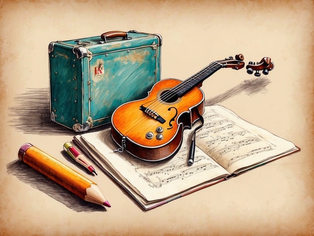 Auf dem Bild sind verschiedene Gegenstände zu sehen, die eine musikalische Anmutung vermitteln. Im Vordergrund steht eine kleine Gitarre oder Ukulele, die oft mit Komponisten assoziiert wird, da sie häufig in verschiedenen Musikgenres verwendet wird.Neben der Gitarre liegt ein Notizbuch, aus dem Musiknoten sichtbar sind. Dies symbolisiert den kreativen Prozess des Komponierens, den viele bedeutende Komponisten wie Bach, Beethoven oder Mozart durchlaufen haben. Das Bild vermittelt das Gefühl von Musik und Kreativität, unterstützt durch einen abgerissenen Koffer, der auf Reisen und das Streben nach Musik hindeutet.Zusammengefasst zeigt das Bild eine harmonische Zusammenstellung, die die Bedeutung von Musikinstrumenten und den kreativen Akt des Komponierens feiert.