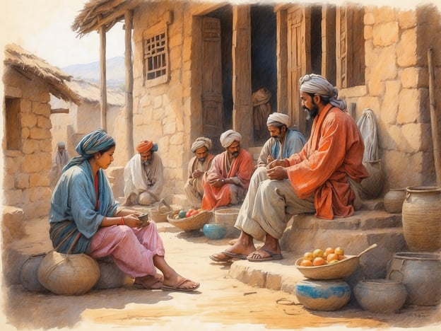 Auf dem Bild ist eine Szene aus einem traditionellen Dorfleben zu sehen. In einem ländlichen Umfeld versammeln sich mehrere Personen, darunter Männer und eine Frau, um gemeinsam zu sitzen. Sie scheinen Gespräche zu führen oder Handarbeiten auszuführen, was auf eine enge Gemeinschaft und den Austausch zwischen den Dorfbewohnern hindeutet.Die Kleidung der Abgebildeten deutet auf eine traditionelle Lebensweise hin, die oft mit regionalen Bräuchen und kulturellen Praktiken verbunden ist. Die Verwendung von Körben und Tontöpfen als Aufbewahrung oder für den Verkauf von Lebensmitteln zeigt die Alltagspraktiken in einem agrarisch geprägten Umfeld. Solche Szenen sind typisch für Gemeinschaften, in denen die Menschen von Landwirtschaft und Handwerk leben und soziale Bindungen durch tägliche Interaktionen gepflegt werden.