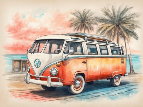 Ein bunter Volkswagen Bulli steht am Strand, umgeben von Palmen und einem ruhigen Meer im Hintergrund. Der Himmel ist in sanften Rosa- und Blautönen gehalten, während der Bulli in einem warmen Orange und Weiß strahlt. Diese idyllische Szene vermittelt ein Gefühl von Freiheit und Abenteuer, ideal für einen Familienurlaub am Strand.