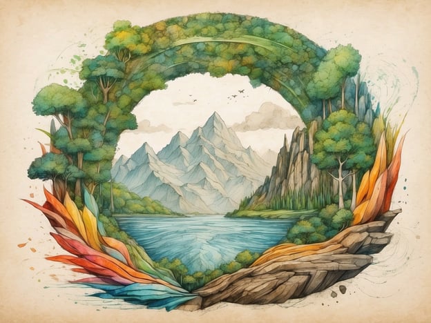 Auf dem Bild ist eine künstlerische Darstellung einer Landschaft zu sehen, die von Natur und Umwelt inspiriert ist. In der Mitte befindet sich ein stiller See, umgeben von majestätischen Bergen und üppigen Wäldern. Die Farben des Bildes variieren von sanften Grüntönen bis hin zu lebhaften Rot- und Gelbtönen, die an die Schönheit der Natur erinnern.Diese Darstellung vermittelt ein Gefühl von Harmonie zwischen Mensch und Umwelt und betont die Bedeutung von Nachhaltigkeit. Sie erinnert uns daran, unsere natürlichen Ressourcen zu schützen und die Vielfalt der Natur zu schätzen. In einer Welt, in der Umweltbewusstsein immer wichtiger wird, ist es entscheidend, dass wir unsere Beziehung zur Natur respektieren und fördern, um zukünftigen Generationen eine intakte und gesunde Umwelt zu hinterlassen.