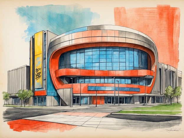 Auf dem Bild ist ein modernes, architektonisch auffälliges Gebäude zu sehen. Es hat eine große Glasfront und eine markante, runde Form, umgeben von leuchtenden Farben, insbesondere Rot und Gelb. Die Umgebung ist grün mit Bäumen und einer gepflasterten Fläche.Im KomponistenQuartier könnte das Erlebnis beinhalten, dass man die eindrucksvollen Bauwerke und die kreative Atmosphäre der Umgebung erkundet. Man könnte sich vorstellen, dass solche einzigartigen architektonischen Designs inspirierend wirken und ein Gefühl von Kunst und Kultur vermitteln.