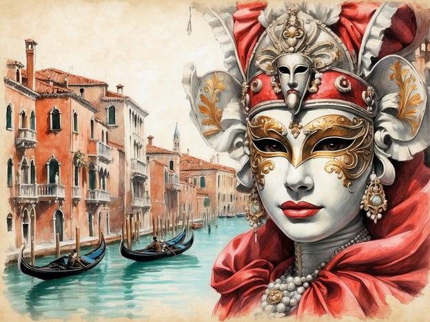 Auf dem Bild ist eine typisch venezianische Szenerie zu sehen, die die kulturelle Vielfalt und die Schönheit Venedigs widerspiegelt. Im Vordergrund trägt eine Person eine aufwendige Maske und ein prächtiges Kostüm, die stark mit dem berühmten Karneval von Venedig verbunden sind. Diese Masken symbolisieren die Tradition des Verborgenen und die Möglichkeit, Identitäten zu wechseln.Im Hintergrund sieht man die charakteristischen venezianischen Gebäude sowie Gondeln, die durch die Kanäle gleiten. Diese Elemente verkörpern die einzigartige Architektur der Stadt und ihre innige Verbindung zum Wasser. Insgesamt vermittelt das Bild ein Gefühl von Mystik und Eleganz, das die reiche Kultur und Kunst Venedigs repräsentiert.