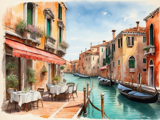 Auf dem Bild sieht man eine malerische venezianische Szene mit schmalen Kanälen, traditionellen Gebäuden und typischen Gondeln. An einem der Kanäle befinden sich elegante Tischgedecke unter einem rot-gestreiften Sonnenschirm, die auf eine gemütliche Atmosphäre hinweisen.Die kulinarische Welt Venedigs ist geprägt von frischen Meeresfrüchten, Risotto und typischen Gerichten wie „Baccalà mantecato“ (Kabeljau-Creme) oder „Sarde in saor“ (Sardinen in Essig). Diese gastronomische Vielfalt ist oft in den charmanten Restaurants am Wasser zu finden, wo man die Mischung aus guter Küche und wunderschönem Ausblick genießen kann.