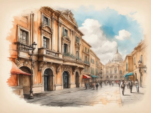 Auf dem Bild ist eine belebte Straße in einer italienischen Stadt zu sehen, die von prächtigen Gebäuden gesäumt wird. Der Stil der Architektur weist möglicherweise auf venezianische Einflüsse hin, mit geschmückten Fassaden und eleganten Details. Im Hintergrund erheben sich Kuppeln und Türme, die an beeindruckende Kirchen oder öffentliche Plätze erinnern könnten, vielleicht sogar an den berühmten Markusdom in Venedig.
Diese Szenerie spiegelt die kulturellen Höhepunkte Venezianischer Geschichte wider, wo Kunst, Architektur und lebendige Straßen das Herz der Stadt bilden. Venedig ist bekannt für seine romantischen Kanäle, seine historische Architektur und bedeutende Museen, die das reiche Erbe der Region verkörpern. Die Straßen laden dazu ein, die lebendige Atmosphäre der Stadt zu genießen und die zahlreichen künstlerischen sowie historischen Schätze zu erkunden.