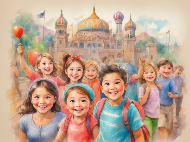 Auf dem Bild sieht man eine Gruppe fröhlicher Kinder, die vor einem malerischen Gebäude mit bunten Türmen stehen. Sie halten Luftballons in den Händen und strahlen mit breiten Lächeln. Die Szene vermittelt ein Gefühl von Freude und Abenteuer.
Aktivitäten und Attraktionen für Groß und Klein könnten hier ein Freizeitpark oder ein Vergnügungspark sein, wo die Kinder Fahrgeschäfte genießen, Eis essen und Spiele spielen. Es gibt auch Möglichkeiten für familienfreundliche Veranstaltungen wie Paraden oder Shows. Solche Orte bieten oft auch Erholungsbereiche für Erwachsene, sodass die ganze Familie gemeinsam Spaß haben kann.