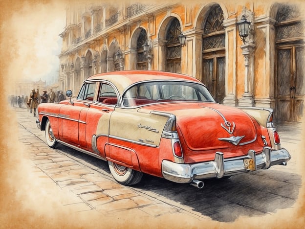 Auf dem Bild sieht man ein klassisches Auto aus den 1950er Jahren, das oft mit amerikanischem Automobildesign und -kultur dieser Ära assoziiert wird. Die farbenfrohe Lackierung und die markanten Linien des Fahrzeugs spiegeln die Design-Philosophie wider, die in der Nachkriegszeit populär war und den Optimismus dieser Zeit widerspiegelt.Im Hintergrund erkennt man Architektur, die auf koloniale oder historisch bedeutsame Bauweisen hindeutet, vermutlich aus einer Stadt in Lateinamerika oder einer anderen Region mit spanischem Einfluss. Diese Stile vereinen sich in der Architektur, die oft von barocken und neoklassizistischen Elementen geprägt ist.Die Szenerie könnte somit einen historischen Kontext bieten, in dem sich Automobilkultur und koloniale Geschichte überlappen. Autos aus dieser Zeit sind nicht nur Fortbewegungsmittel; sie sind auch Symbole für sozialen Status und den wirtschaftlichen Aufschwung der Nachkriegsjahre. Sie erzeugen nostalgische Gefühle und sind häufig Teil kultureller Veranstaltungen und Feste, die das Erbe dieser Ära feiern.