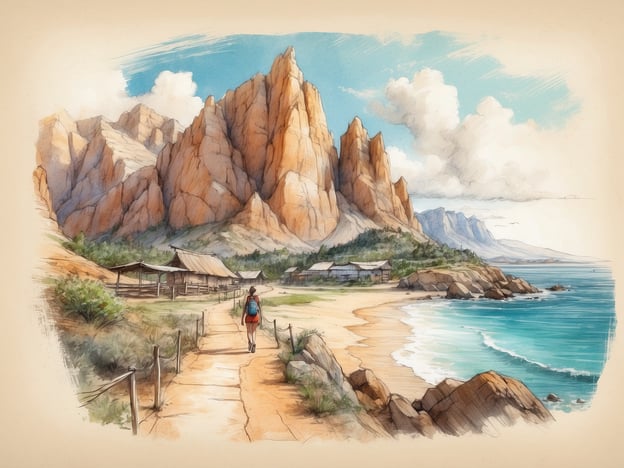 Auf dem Bild ist eine malerische Küstenlandschaft zu sehen. Im Vordergrund geht eine Person auf einem Wanderweg am Strand entlang, was auf eine mögliche Wanderung oder Erkundungstour hinweist. Die beeindruckenden, steilen Felsen im Hintergrund bieten eine spektakuläre Kulisse und könnten ein beliebtes Ziel für Kletterer und Naturfreunde sein.Entlang des Weges könnte man auch schöne Fotomotive finden oder einfach die Aussicht genießen. Zudem scheint es in der Nähe einige kleine Hütten zu geben, die möglicherweise als Unterkünfte oder Rastplätze dienen. Diese Umgebung lädt ein zu Aktivitäten wie Schwimmen, Entspannen am Strand oder Bootsfahrten entlang der Küste.