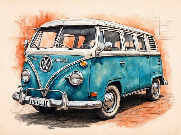 Auf dem Bild ist ein nostalgischer Volkswagen-Bus zu sehen, der in einer aquarellähnlichen Darstellung präsentiert wird. Dieses Fahrzeug, bekannt für seine ikonische Form und Geschichte, ist ein Symbol für Freiheit und Abenteuer, oft assoziiert mit Reisen und den Lebensstil der 1960er Jahre.Das Museum als kulturelle Institution könnte eine solche Darstellung nutzen, um die Entwicklung des Automobildesigns und die gesellschaftlichen Veränderungen, die mit Fahrzeugen verbunden sind, zu veranschaulichen. Die Ausstellung könnte die Bedeutung des Volkswagen-Busses in der Popkultur sowie seine Rolle in der Mobilität und im Tourismus thematisieren, um Besuchern einen Einblick in die Geschichte und Kultur des automobilen Erbes zu geben.