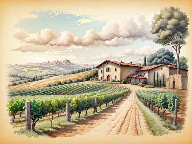 Auf dem Bild ist eine malerische Weinlandschaft zu sehen, die typisch für viele renommierte Weinregionen ist. Die sanften Hügel sind mit Weinreben bepflanzt, die in prächtigen Reihen angeordnet sind. Solche Landschaften findet man beispielsweise in der Toskana, die bekannt ist für ihre Vollblüter wie Chianti und Brunello di Montalcino.
Die Architektur des Weinguts, mit seinen klassischen Steinmauern und roten Ziegeldächern, erinnert an die traditionellen Weingüter dieser Region. Diese Orte sind oft von atemberaubenden Ausblicken auf die Weinberge und die umliegenden Hügel geprägt, was sie zu beliebten Zielen für Weinliebhaber und Touristen macht.
Der Himmel ist freundlich und hell, was eine gute Wetterlage für den Weinbau anzeigt. Diese Eigenschaften sind entscheidend für die Qualität der Trauben und somit für die Weine, die hier produziert werden.