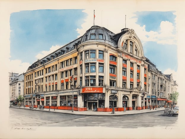 Auf dem Bild ist ein architektonisches Gebäude zu sehen, das eine elegante Fassade mit einer Mischung aus historischen und modernen Elementen aufweist. Die Darstellung vermittelt eine Atmosphäre von urbanem Leben, mit Menschen, die sich um das Gebäude bewegen.Wenn wir die Geschichte des Alstertal Einkaufszentrums in Betracht ziehen, lässt sich sagen, dass es eines der ersten großen Einkaufszentren in Deutschland war und 1970 eröffnet wurde. Es spielte eine zentrale Rolle in der Entwicklung des Einzelhandels in der Region Alstertal und hat sich im Laufe der Jahre zu einem beliebten Ziel für Einkäufe und Freizeitaktivitäten entwickelt. Die Architektur und das Design des Einkaufszentrums reflektieren das Bestreben, einen einladenden Raum für Konsumenten zu schaffen, ähnlich wie auf dem dargestellten Bild.Es zeigt, wie wichtig solche Gebäude als soziale und kulturelle Treffpunkte in städtischen Umgebungen sind.