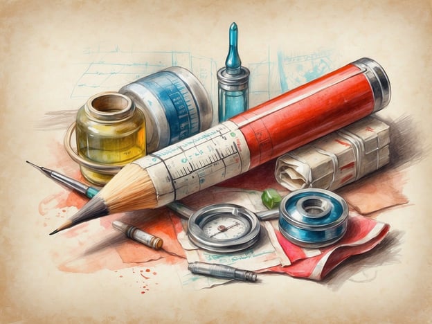 Auf dem Bild sind verschiedene Gegenstände wie ein großer Bleistift, Fläschchen und andere Werkzeuge zu sehen.Für eine Reiseapotheke für Kinder sollten folgende Dinge enthalten sein:1. ** Pflaster** in verschiedenen Größen.2. **Desinfektionsmittel** zur Wundreinigung.3. **Schmerzmittel** (z.B. geeignete Säuglings- oder Kinderdosierung).4. **Fieberthermometer**.5. **Bewegungscreme** oder kühlende Gels bei Prellungen.6. **Sonnenschutzmittel**.7. **Insektenschutzmittel**.8. **Kohletabletten** oder Medikamente gegen Durchfall.9. **Schnuller oder Beruhigungsmittel** bei Bedarf.10. **Notfallnummern** und persönliche Medikation.Diese Inhalte können helfen, kleinere Verletzungen oder Beschwerden während der Reise zu behandeln.