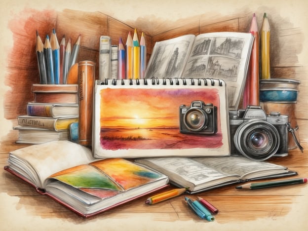 Auf dem Bild sind verschiedene Gegenstände zu sehen, die mit kreativem Arbeiten und Erinnerungen zu tun haben. Es gibt Skizzenbücher, Bücher, bunte Stifte, Kameras und eine Illustrationen von einem Sonnenuntergang. Diese Ansammlung deutet auf eine kreative Atmosphäre hin, die zum Zeichnen, Malen oder Fotografieren einlädt.**Tipps zur Zusammenstellung und Aufbewahrung:**1. **Ordnung halten:** Verwenden Sie Boxen oder Regale, um Materialien wie Stifte, Farben und Bücher ordentlich zu verstauen.2. **Zugänglichkeit:** Stellen Sie sicher, dass häufig benötigte Materialien leicht erreichbar sind. Eine Schublade oder ein Caddy kann hier nützlich sein.3. **Lichtschutz:** Halten Sie Ihre Kunstwerke und Materialien fern von direktem Sonnenlicht, um das Verblassen von Farben zu verhindern.4. **Kreative Inspiration:** Platzieren Sie inspirierende Bilder oder Zitate in Ihrem Arbeitsbereich, um Ihre Kreativität zu fördern.5. **Regelmäßige Überprüfung:** Gehen Sie regelmäßig durch Ihre Materialien, um herauszufinden, was Sie nicht mehr brauchen und was ersetzt werden muss.