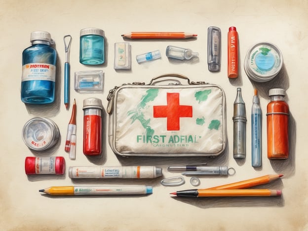 Auf dem Bild ist eine Vielzahl von Gegenständen zu sehen, die typischerweise in einer Reiseapotheke zu finden sind. Dazu gehören:1. Erste-Hilfe-Set (mit einem roten Kreuz gekennzeichnet)2. Verschiedene Medikamente in Fläschchen und Tuben (z.B. Schmerzmittel, antiseptische Lösungen)3. Spritzen und Verbandsmaterial4. Desinfektionsmittel5. Medikamente in unterschiedlichen Verpackungen (z.B. Pillen)Essenzielle Bestandteile für eine Reiseapotheke sind unter anderem Schmerzmittel, etwas gegen Übelkeit, Desinfektionsmittel, Verbandmaterial und persönliche Medikamente, die man regelmäßig einnimmt.