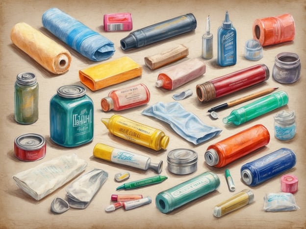 Auf dem Bild sind verschiedene Hygieneprodukte und Behälter zu sehen. Es gibt farbige Tuben, Dosen, Flaschen und Packungen, die wahrscheinlich für Pflege- und Reinigungszwecke verwendet werden. Dazu zählen möglicherweise Cremes, Sprays, Seifen und andere Produkte, die in der Kosmetik- und Hygieneindustrie üblich sind. Die Anordnung der Objekte ist vielfältig und zeigt eine bunte Mischung aus unterschiedlichen Verpackungen.