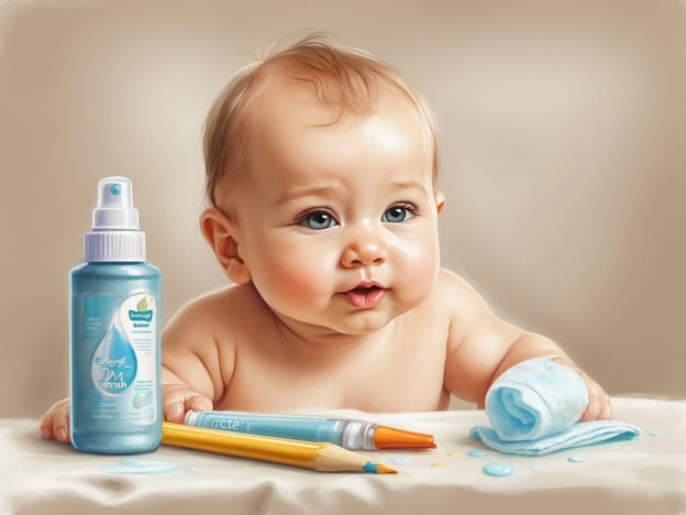Auf dem Bild ist ein Baby zu sehen, das fröhlich aussieht und auf einer Oberfläche sitzt. Neben dem Baby steht eine Flasche mit einer blauen Flüssigkeit, möglicherweise ein Pflegeprodukt für die empfindliche Haut von Babys. Außerdem gibt es einen kleinen Handtuch und Stifte, was auf kreative Aktivitäten hinweisen könnte.
In einer Reiseapotheke für Babys wären solche Produkte wichtig, um die Haut des Babys zu schützen und zu pflegen, insbesondere bei Reisen. Zu den wesentlichen Inhalten könnten unter anderem Feuchtigkeitsspendende Lotionen, antiseptische Sprays für kleine Wunden und eventuell fiebersenkende Zäpfchen gehören. Auch sterile Tücher oder ein Thermometer wären nützlich, um schnell auf kleinere gesundheitliche Probleme reagieren zu können.
