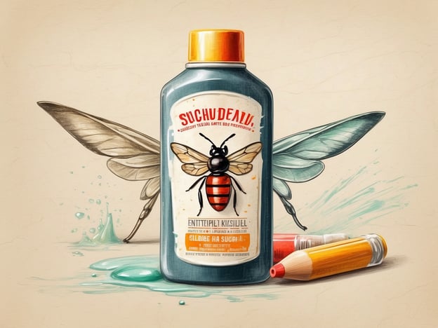 Auf dem Bild ist eine Darstellung einer Flasche mit einem Insektenmotiv zu sehen, die an ein Insektenschutzmittel erinnert. Für eine Reise nach Bali wäre es wichtig, eine gute Reiseapotheke dabei zu haben, die unter anderem Folgendes umfasst:1. **Insektenschutzmittel**: Zum Schutz vor Mücken, die Krankheiten wie Dengue-Fieber übertragen können.2. **Sonnenschutzcreme**: Um die Haut vor UV-Strahlung zu schützen.3. **Erste-Hilfe-Set**: Verbandsmaterial, antiseptische Wundsalbe, und Schmerzlinderer wie Ibuprofen oder Paracetamol.4. **Antihistaminika**: Für Allergien und Insektenstiche.5. **Durchfallmedikamente**: Wie Kohletabletten oder Loperamid für Magen-Darm-Beschwerden.Eine gut ausgestattete Reiseapotheke hilft, gesundheitliche Probleme während des Aufenthalts in tropischen Regionen zu vermeiden.