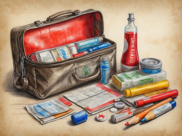 Auf dem Bild ist eine Reiseapotheke zu sehen, die verschiedene Medikamente und medical supplies enthält, die für Reisen nützlich sein können.Hier sind einige Tipps zur Vorbereitung deiner Reiseapotheke:1. **Grundlegende Medikamente**: Stelle sicher, dass du Schmerzmittel, Fiebermittel, und Arzneimittel gegen Übelkeit sowie Durchfall mitnimmst.2. **Erste-Hilfe-Set**: Achte darauf, Pflaster, Verbände und antiseptische Mittel einzupacken. Eine kleine Schere und eine Pinzette können ebenfalls hilfreich sein.3. **Verschreibungspflichtige Medikamente**: Wenn du regelmäßig Medikamente nimmst, nimm ausreichend für die gesamte Reise mit und besorge dir eine Kopie des Rezepts.4. **Allergiemittel**: Für Allergiker ist es wichtig, Antihistaminika dabeizuhaben.5. **Reiseimpfungen**: Informiere dich, ob du spezielle Impfungen für dein Reiseziel benötigst und bringe alle notwendigen Nachweise mit.6. **Hygieneartikel**: Denke an Desinfektionstücher, Handseife und eventuell eine kleine Flasche Desinfektionsmittel.7. **Klimatische Besonderheiten**: Je nach Ziel kann es sinnvoll sein, Mittel gegen Insektenstiche oder Sonnencreme einzupacken.Eine gut ausgestattete Reiseapotheke kann dir helfen, kleine gesundheitliche Probleme schnell zu lösen und deine Reise angenehmer zu gestalten.