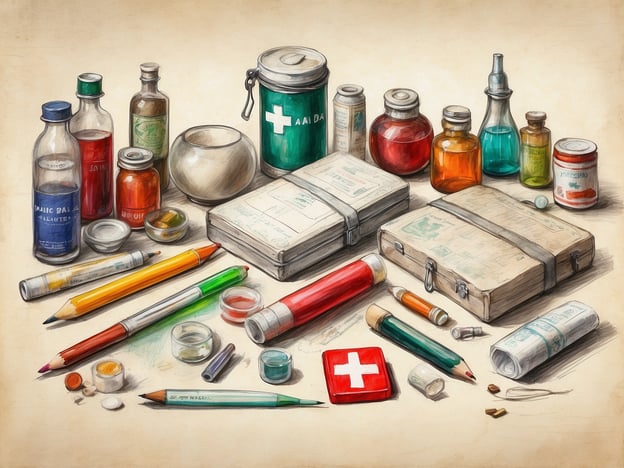 Auf dem Bild sind verschiedene Gegenstände zu sehen, die in einer gut ausgestatteten Reiseapotheke enthalten sein könnten. Es gibt verschiedene Fläschchen und Dosen, die vermutlich Medikamente oder Heilmittel enthalten. Dazu gehören auch kleine Behälter, die wahrscheinlich für Salben oder Tropfen gedacht sind.Zusätzlich sieht man Schreibutensilien, wie Stifte und Farbstifte, die nützlich sein könnten, um Notizen zu machen oder Informationen auf einem Reisebericht festzuhalten. Eine rote Box mit einem weißen Kreuz darauf deutet auf ein typisches Erste-Hilfe-Set hin.Insgesamt vermittelt das Bild den Eindruck, dass es sich um eine umfassende und vielfältige Sammlung von Materialien handelt, die für die Gesundheit und Sicherheit während einer Reise wichtig sein könnten.