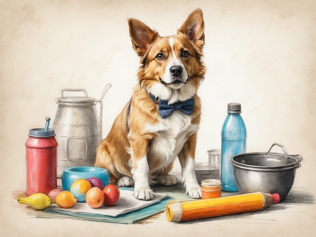 Auf dem Bild ist ein Hündchen (Corgi) zu sehen, das mit einer Fliege gekleidet ist, umgeben von verschiedenen Gegenständen wie Schüsseln, Flaschen und Obst.Wenn du mit deinem Hund reist, hier einige Vorbereitungstipps:1. **Reisedokumente**: Stelle sicher, dass du alle notwendigen Dokumente für deinen Hund hast, wie Impfausweis und Reisepass, falls erforderlich.2. **Futter & Wasser**: Packe ausreichend Futter und frisches Wasser ein, sowie Schalen für die Fütterung, um während der Reise die nötige Ernährung sicherzustellen.3. **Gesundheitscheck**: Besuche den Tierarzt im Voraus, um sicherzustellen, dass dein Hund gesund ist und eventuell notwendige Impfungen erhält.4. **Leine & Halsband**: Vergiss nicht, eine bequeme Leine und ein Halsband mit ID-Anhänger mitzunehmen, damit dein Hund immer sicher ist.5. **Reiseutensilien**: Denke an eine Schlafdecke oder ein Hundebett, um deinem Hund unterwegs einen vertrauten Platz zu bieten.6. **Pausen einplanen**: Plane regelmäßige Pausen ein, damit dein Hund sich die Beine vertreten und frisches Wasser trinken kann.7. **Sicherheit im Auto**: Stelle sicher, dass dein Hund während der Fahrt sicher ist, eventuell durch eine Hundegurt oder eine Transportbox.Eine gute Vorbereitung macht die Reise für dich und deinen Hund angenehmer!