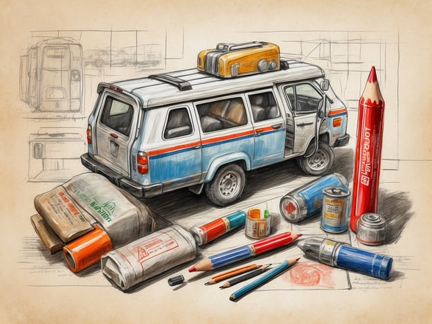 Auf dem Bild ist ein Campingfahrzeug zu sehen, umgeben von verschiedenen Gegenständen, die wahrscheinlich zu einer Reiseapotheke gehören, wie Medikamente und Verbandsmaterialien.Eine Reiseapotheke ist wichtig, weil sie uns auf Reisen vor Verletzungen und Krankheiten schützt. Man weiß nie, wann man Hilfe benötigt, sei es bei kleineren Beschwerden wie Kopf- oder Bauchschmerzen, oder im Falle von Schnitten und Verletzungen. Zudem ermöglicht sie eine schnelle Reaktion, was entscheidend sein kann, um den Verlauf von Erkrankungen zu verbessern. Eine gut ausgestattete Reiseapotheke sorgt dafür, dass man auch in abgelegenen Gegenden gut versorgt ist und die Reise unbeschwert genießen kann.