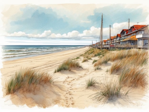Auf dem Bild ist eine Küstenlandschaft zu sehen, die einen Strand mit sanften Wellen und einige Strandhäuser zeigt. Es gibt Sand, Dünen und grüne Gräser, die die Küste säumen. Die Atmosphäre ist ruhig und einladend, perfekt für einen Strandspaziergang.Willkommen in Kühlungsborn!