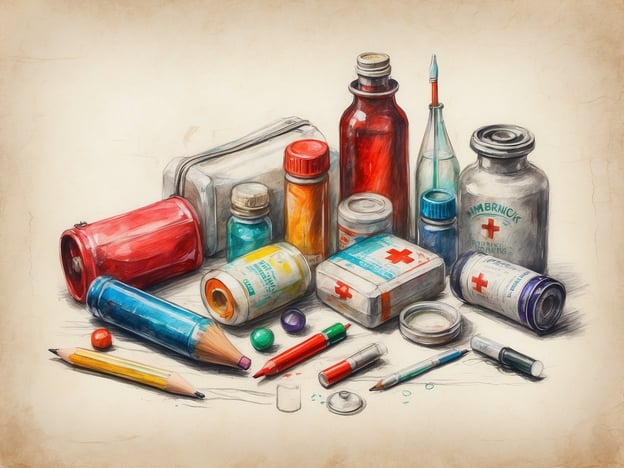 Auf dem Bild sind verschiedene essentielle Medikamente und Verbandsmittel zu sehen. Dazu gehören:- Mehrere Fläschchen mit unterschiedlichen Medikamenten in verschiedenen Farben und Größen.- Eine rote Dose, die wahrscheinlich Verbandsmaterial enthält.- Eine Spritze oder Pipette.- Ein paar Tablettenpackungen oder Dosen.- Utensilien wie Kugelschreiber und Bleistifte, die möglicherweise zur Kennzeichnung oder Notierung von Informationen dienen.Insgesamt vermittelt das Bild den Eindruck eines gut ausgestatteten Erste-Hilfe-Sets oder einer medizinischen Sammlung.