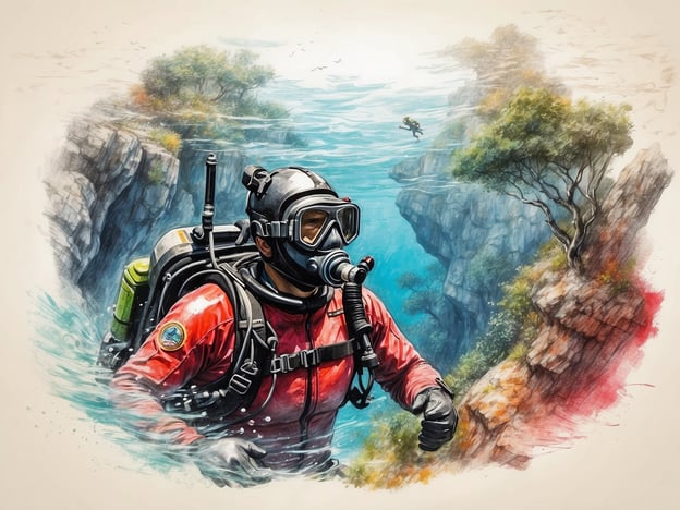 Auf dem Bild ist ein Taucher zu sehen, der unter Wasser schwimmt. Er trägt eine Taucherausrüstung, die aus einem Neoprenanzug, einer Tauchermaske und einem Atemgerät besteht. Um ihn herum sind Felsen und Wasserpflanzen, die die Unterwasserwelt darstellen.**Spezielle Hinweise für Aktivitäten:**- Wenn du tauchen möchtest, stelle sicher, dass du die richtige Ausbildung hast und immer mit einem Buddy tauchst.- Achte auf die Sicherheit, überprüfe deine Ausrüstung vor dem Tauchen.- Beachte die lokalen Tauchbestimmungen und respektiere die Unterwasserflora und -fauna.