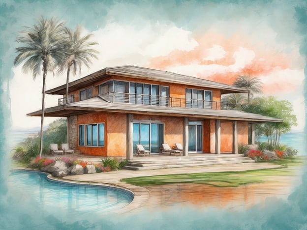 Auf dem Bild ist ein modernes, zweigeschossiges Haus zu sehen, das von Palmen und grünen Pflanzen umgeben ist. Es hat große Fenster und einen Eingangsbereich mit einer Terrasse, die an einen Pool angrenzt.Im Kontext der individuellen Gesundheitsvorsorge im Urlaub könnte man sagen, dass solch eine Umgebung eine entspannende Atmosphäre bietet, die wichtig für das Wohlbefinden ist. Es ist ratsam, im Urlaub auf ausreichend Bewegung, gesunde Ernährung und den richtigen Sonnenschutz zu achten, um die Gesundheit auch während der Erholungszeit zu fördern.