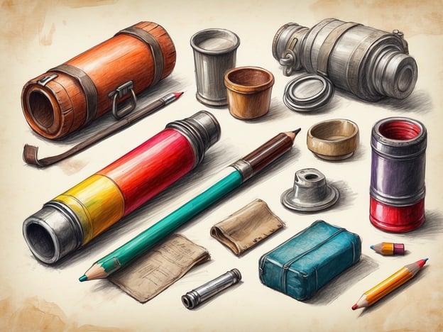 Auf dem Bild sind verschiedene praktische Utensilien zu sehen. Dazu gehören:- Eine orangefarbene Runde, die eventuell ein Behälter oder eine Tasche darstellt.- Ein roter und gelber Zylinder, der möglicherweise ein Flasche oder ein anderes Aufbewahrungsobjekt ist.- Ein grüner Bleistift und ein brauner Stift.- Kleine Behälter, Tassen und ein Stück Papier.- Ein blaues, flaches Etui oder eine Tasche.- Buntstifte in verschiedenen Farben.Diese Utensilien könnten für verschiedene kreative oder alltägliche Aufgaben genutzt werden.