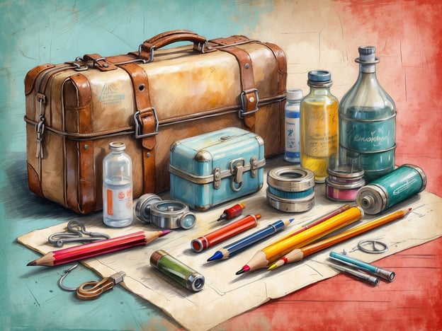Auf dem Bild ist eine alte Reisetasche zu sehen, die mit verschiedenen medizinischen Fläschchen, (vermutlich Arzneimitteln), Werkzeugen und Stiften gefüllt ist.Warum eine Reiseapotheke unverzichtbar ist:1. **Schnelle Hilfe**: Auf Reisen kann es zu plötzlichen Erkrankungen oder Verletzungen kommen. Eine Reiseapotheke ermöglicht es, sofort passende Erste-Hilfe-Maßnahmen zu ergreifen.2. **Individuelle Bedürfnisse**: Reisende haben unterschiedliche gesundheitliche Anforderungen. Eine gut ausgestattete Reiseapotheke kann auf persönliche Medikamente und spezielle Bedürfnisse abgestimmt sein.3. **Unvorhergesehene Ereignisse**: Man weiß nie, ob man in einer abgelegenen Gegend oder im Ausland einen Arzt aufsuchen kann. Eine Reiseapotheke sichert die Gesundheit und das Wohlbefinden, bis professionelle Hilfe verfügbar ist.4. **Vermeidung von Problemen**: Durch die Mitnahme von wichtigen Medikamenten und Hilfsmitteln können Reisende möglichen gesundheitlichen Problemen vorbeugen, die Gott sei Dank nicht immer eintreten müssen, aber gesichert sind.Insgesamt ist eine Reiseapotheke ein wichtiger Bestandteil der Reisevorbereitung, um Sicherheit und Gesundheit unterwegs zu gewährleisten.