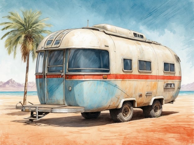 Auf dem Bild ist ein alter, verspielter Wohnwagen zu sehen, der an einem Strand unter Palmen steht. Die Umgebung scheint warm und sonnig zu sein, mit Wasser im Hintergrund und Bergen in der Ferne.Besondere Bedürfnisse in verschiedenen Klimazonen könnten beinhalten:1. **Heiße Klimazonen**: Schutz vor extremer Hitze ist wichtig. Ein gut isolierter Wohnwagen mit funktionierenden Klimaanlagen oder Ventilatoren ist entscheidend. Auch Schatten durch Markisen oder Bäume kann helfen.2. **Kalte Klimazonen**: Hier wären Heizsysteme und isolierte Wände notwendig, um ein angenehmes Klima im Inneren zu gewährleisten. Zudem sollten Fenster gut isoliert sein, um Wärmeverlust zu vermeiden.3. **Feuchte Klimazonen**: Feuchtigkeitsschutz ist wichtig, um Schimmelbildung zu vermeiden. Belüftungssysteme und luftentfeuchtende Geräte können hilfreich sein.4. **Bergregionen**: In höheren Lagen könnte es notwendig sein, zusätzliche Sicherheitsvorkehrungen für Schnee und Eis zu treffen. Eine robuste Fahrzeugunterlage und spezielle Ausrüstung zur Handhabung von rutschigen Straßen könnten benötigt werden.Die Gestaltung und Ausstattung des Wohnwagens sollte also auf die jeweiligen klimatischen Bedingungen abgestimmt sein, um Komfort und Sicherheit zu gewährleisten.