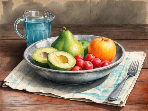 Auf dem Bild ist eine Schüssel mit verschiedenen Früchten zu sehen, darunter eine Birne, Äpfel und eine halbierte Melone, sowie ein Glas Wasser.Beim Thema Ernährung auf Reisen ist es wichtig, frisch und gesund zu essen, um dem Körper die nötige Energie zu geben. Obst ist eine ausgezeichnete Wahl, da es reich an Vitaminen und Mineralstoffen ist. Das Trinken von Wasser ist ebenfalls entscheidend, um hydratisiert zu bleiben, besonders bei Reisen in warme Klimazonen.Was die Hygiene betrifft, sollten bei der Auswahl und dem Verzehr von Lebensmitteln auf die Sauberkeit geachtet werden. Man sollte Obst gründlich waschen, um eventuelle Rückstände von Pestiziden oder Keimen zu entfernen. Auch beim Trinken von Wasser sollte man sicherstellen, dass es sauber und sicher ist, indem man z.B. gefiltertes oder abgefülltes Wasser nutzt.
