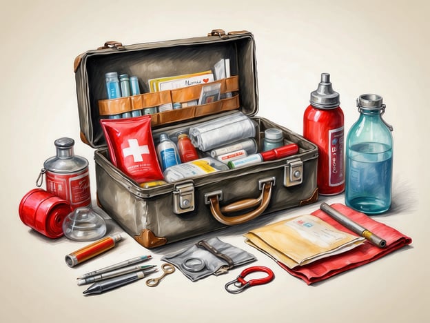 Auf dem Bild ist eine Erste-Hilfe-Ausrüstung zu sehen, die in einem geöffneten Koffer organisiert ist. Der Koffer enthält verschiedene medizinische Artikel wie Verbandsmaterial, eine rote Tasche mit einem Kreuz, Flaschen mit Flüssigkeiten, Spraydosen und andere Utensilien. Zudem sind einige Schreibutensilien und andere Zubehörteile außen um den Koffer angeordnet. Die Anordnung deutet darauf hin, dass die Ausrüstung für Notfälle vorbereitet ist.