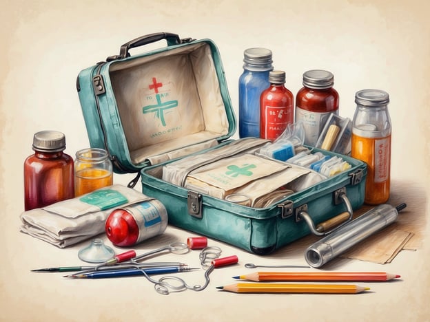 Auf dem Bild ist eine medizinische Notfalltasche zu sehen. Sie enthält verschiedene wichtige medizinische Vorbereitungen:
1. **Verbandmaterialien** – Schläuche und sterile Kompressen für Wundversorgung.
2. **Medikamente** – Verschiedene Fläschchen mit Medikamenten, darunter wahrscheinlich Schmerzmittel oder andere Arzneimittel.
3. **Desinfektionsmittel** – Flüssigkeiten in Flaschen, die zur Desinfektion verwendet werden können.
4. **Instrumente** – Kleine medizinische Instrumente, möglicherweise eine Schere oder Pinzette.
5. **Spritzen** – Wahrscheinlich für die Verabreichung von Medikamenten.
6. **Notizen und Stifte** – Möglicherweise für die Dokumentation von Behandlungen oder Notizen.
Insgesamt handelt es sich um eine gut ausgestattete Erste-Hilfe-Ausrüstung.