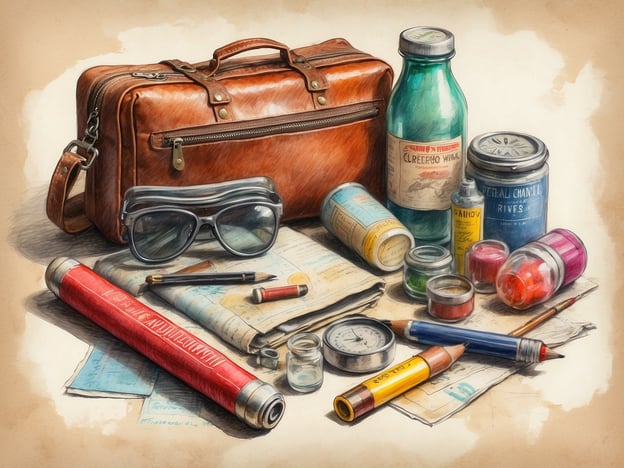 Auf dem Bild sind verschiedene Gegenstände zu sehen, die anscheinend für eine Reise vorbereitet sind. Darunter befinden sich ein brauner Reisekoffer, Sonnenbrillen, verschiedene Flaschen und Dosen, einige Schreiber und Notizen.Für deinen Australien-Trip könnten wichtige Medikamente Folgendes umfassen:1. **Sonnenschutzmittel** - um dich vor der starken Sonne zu schützen.2. **Antihistaminika** - für Allergien oder Insektenstiche.3. **Schmerzmittel** - wie Paracetamol oder Ibuprofen.4. **Reiseübelkeit-Tabletten** - falls du empfindlich auf langen Fahrten reagierst.5. **Durchfallmittel** - für den Fall, dass die Ernährung nicht gewohnt ist.6. **Erste-Hilfe-Set** - mit Bandagen, Antiseptikum und anderen grundlegenden medizinischen Utensilien.Denke daran, deine persönlichen Medikamente mitzunehmen und auf eventuell benötigte Impfungen zu achten.