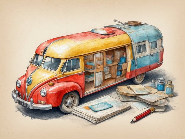 Auf dem Bild ist ein farbenfroher Oldtimer-Wohnwagen zu sehen, der offen ist und innen mit Regalen gefüllt ist. Diese Regale sind mit Medikamenten und medizinischen Utensilien ausgestattet. Vor dem Wohnwagen liegen einige Papiere und ein roter Bleistift.Die wichtigsten medizinischen Vorbereitungen könnten Folgendes umfassen:1. **Medikamente**: Eine Auswahl an gängigen Medikamenten, wie Schmerzmittel, Antibiotika und Erste-Hilfe-Produkte.2. **Verbandsmaterial**: sterile Verbände, Pflaster und Wunddesinfektionsmittel.3. **Diagnosetools**: Fieberthermometer, Blutdruckmessgerät und eventuell auch ein Stethoskop.4. **Dokumentation**: Patientenakten und Informationen zu Arzneimitteln und Behandlungen.5. **Desinfektionsmittel**: Für hygienische Maßnahmen und zur Vermeidung von Infektionen.Diese Elemente könnten im Kontext eines mobilen medizinischen Einsatzes wichtig sein.