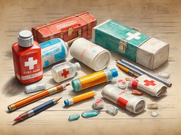 Auf dem Bild sind verschiedene medizinische Utensilien und Medikamente zu sehen, die typischerweise in einer Reiseapotheke enthalten sind. Dazu gehören:1. **Desinfektionsmittel**: Zur Reinigung von Wunden.2. **Verbandsmaterial**: Für kleinere Verletzungen.3. **Schmerzmittel**: Um Schmerzen zu lindern (z. B. Ibuprofen oder Paracetamol).4. **Fiebermittel**: Bei Fieber oder Unwohlsein.5. **Medikamente gegen Übelkeit**: Für den Fall von Reisekrankheit.6. **Antihistaminika**: Zur Behandlung von allergischen Reaktionen.Zusätzlich sind verschiedene Behälter und Spritzen abgebildet, die möglicherweise für spezifische Medikamente oder Injektionen verwendet werden.